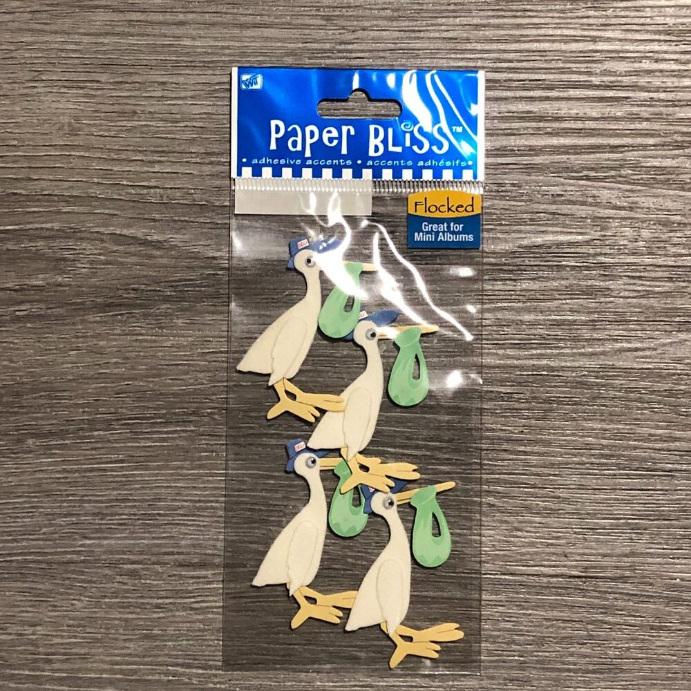 Paper Bliss Adhesive Stickers Felt 3D Special Delivery Baby Stork Newborn 4PCS